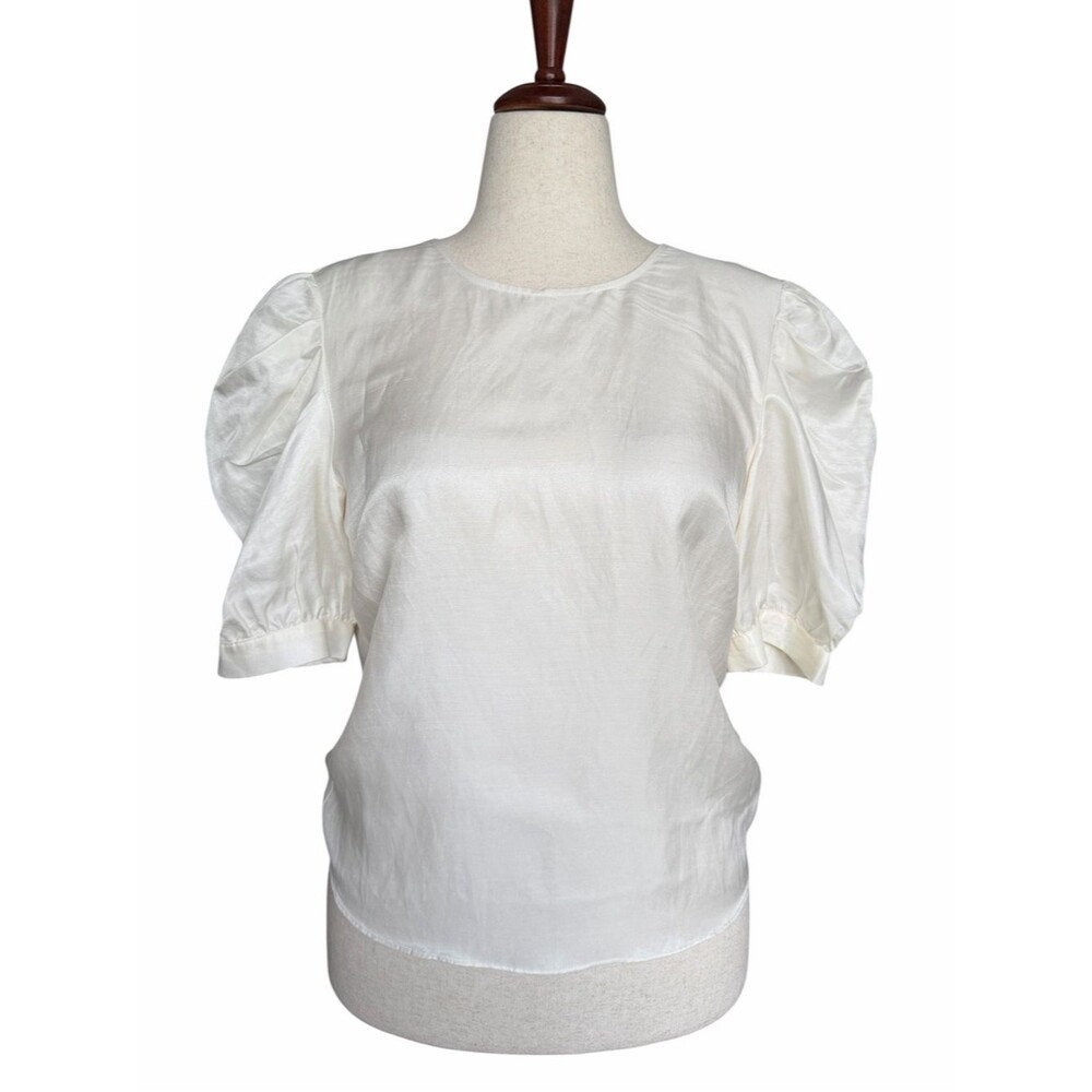 ba&sh White Open Back Tie Linen Blend Puff Sleeve Blouse Top US 6 Medium M